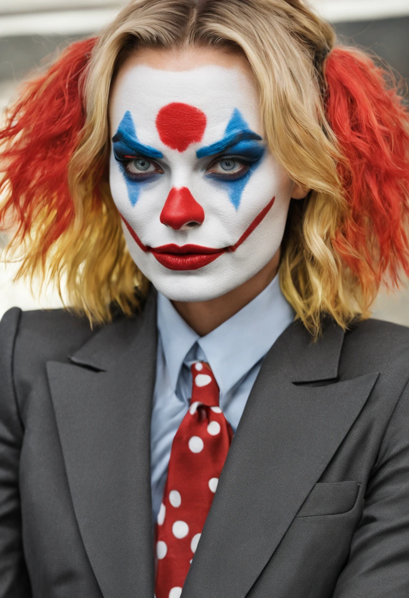 Margot Robbie with clown face paint in a business dress suit