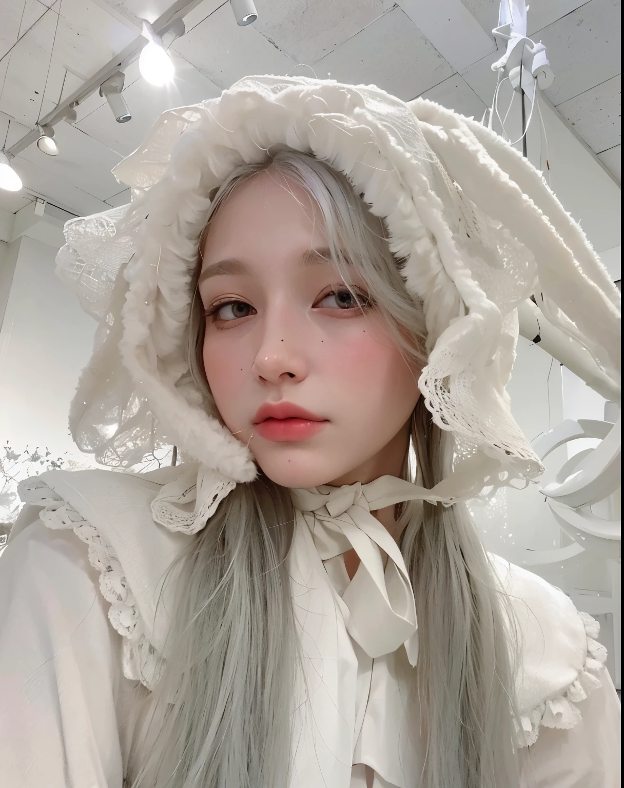 Blonde girl with pink eyes and white hair with a teddy bear, Branch Range, branco hime corte penteado, cabelo whitebangs cabelo, longos cabelos brancos e franja,  com cabelo branco, cabelos brancos rosto bonito, cabelos brancos da nuvem, kawaii retrato realista, Cor do cabelo branco, pale young ghost girl, cabelos lisos brancos, com cabelos longos brancos, cabelos brancos e fringy