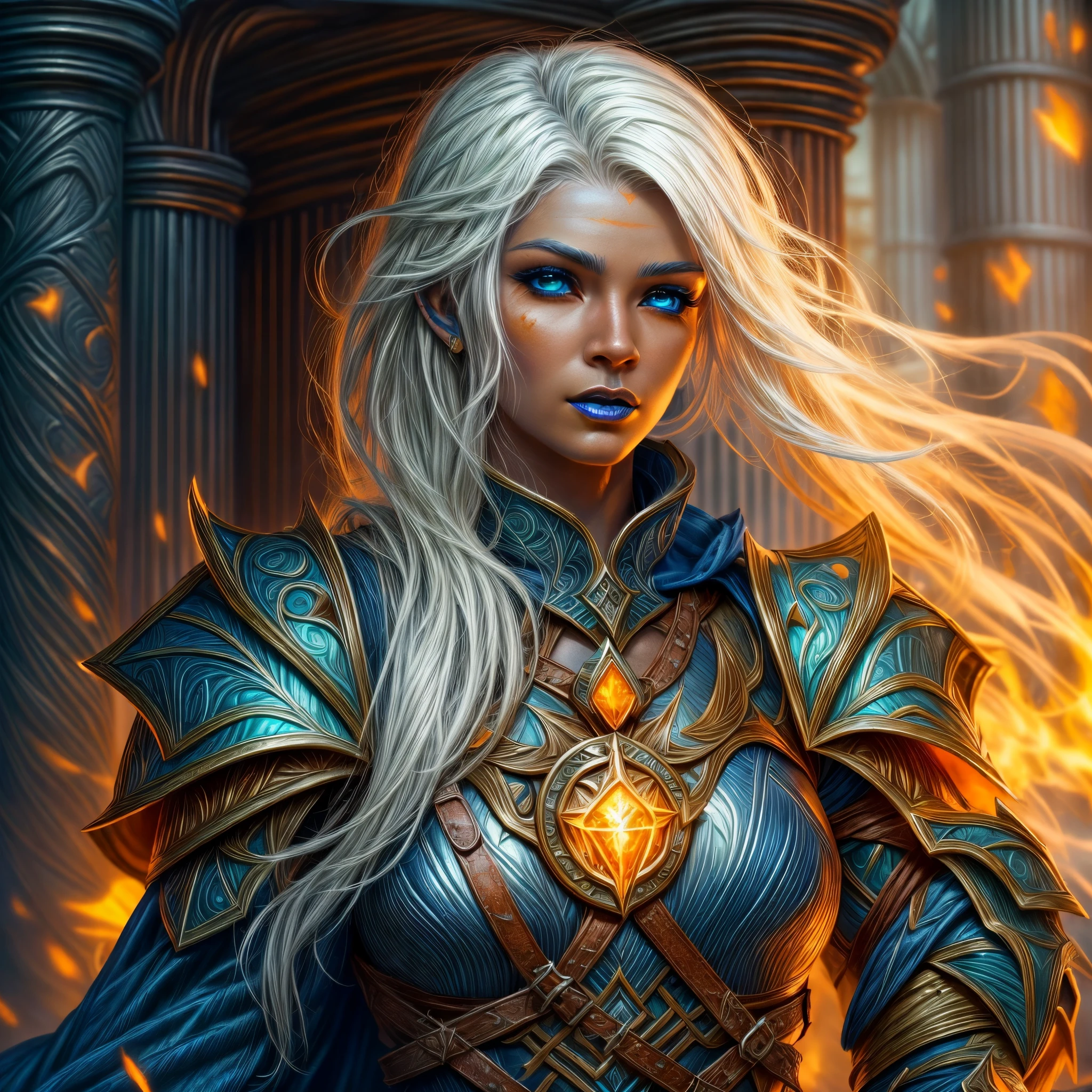 fantasy art, dnd art, RPG art, wide shot, (masterpiece: 1.4) portrait, intense details, highly detailed, photorealistic, best quality, highres, portrait a vedalken female (fantasy art, Masterpiece, best quality: 1.3) ((blue skin: 1.5)), intense details facial details, exquisite beauty, (fantasy art, Masterpiece, best quality) cleric, (blue colored skin: 1.5) 1person blue_skin, blue skinned female, (white hair: 1.3), long hair, intense green eye, fantasy art, Masterpiece, best quality) armed a fiery sword red fire, wearing heavy (white: 1.3) half plate mail armor CM-Beautiful_armor wearing high heeled laced boots, wearing an(orange :1.3) cloak, wearing glowing holy symbol GlowingRunes_yellow, within fantasy temple background, reflection light, high details, best quality, 16k, [ultra detailed], masterpiece, best quality, (extremely detailed), close up, ultra wide shot, photorealistic, RAW, fantasy art, dnd art, fantasy art, realistic art,