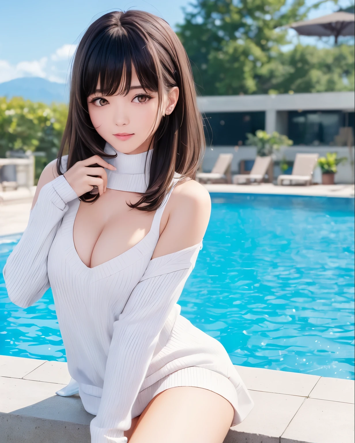 pureerosface_v1, best quality, photorealistic, 8k, high res, 1girl, woman, (skindentation), (portrait:0.6), gorgeous, dynamicpose, ((poolsidebackground:1.6)), coconut tree, ((mediumsize roundbreast, white highnecksweater:1.4)), straight-looking at viewer:1.8, (1girl eyes looking at viewer, medium-length hair, brownhair, partedbangs:1.65), (bokeh), smile:1.2, (closed mouth:1.16),