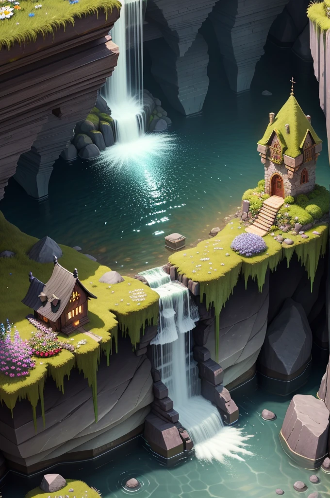 ( background:1.2), (isometric 3d art of floating rock citadel), cobblestone, flowers, verdant, stone, moss, fish pool, (waterfall:1.2), cottage