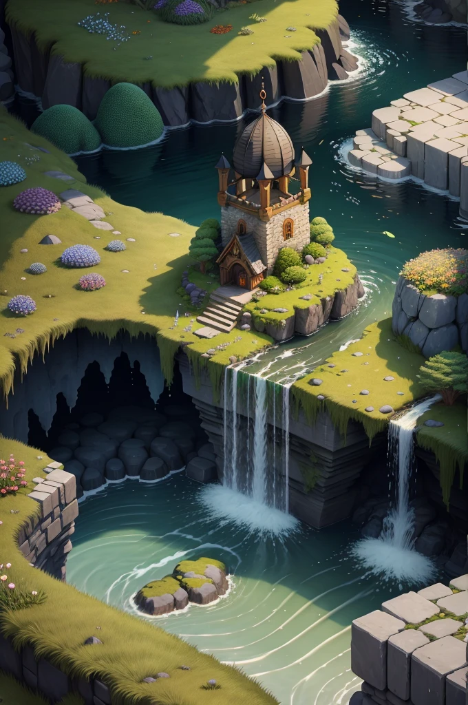( background:1.2), (isometric 3d art of floating rock citadel), cobblestone, flowers, verdant, stone, moss, fish pool, (waterfall:1.2), cottage