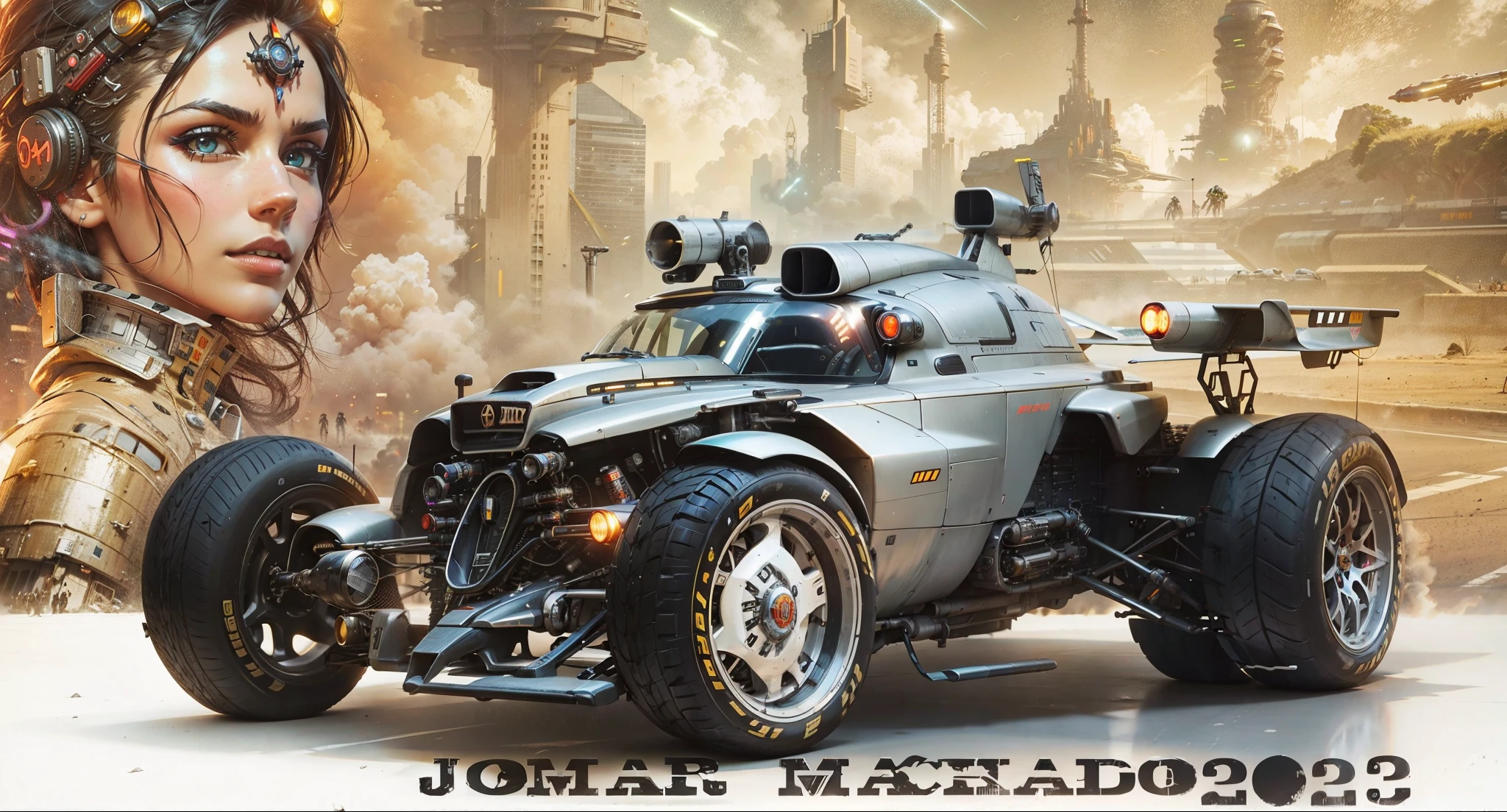 A race car armed with Cyberpunk missiles in the foreground, in the back there is a beautiful cyberpunk pilot with a cyberpunk outfit in the background a lively and bustling Cyberpunk city