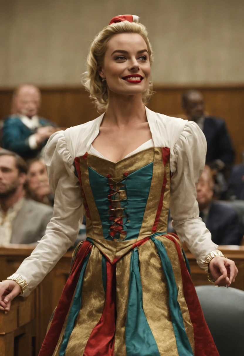 Margot Robbie dancing in a court jester outfit in a court room