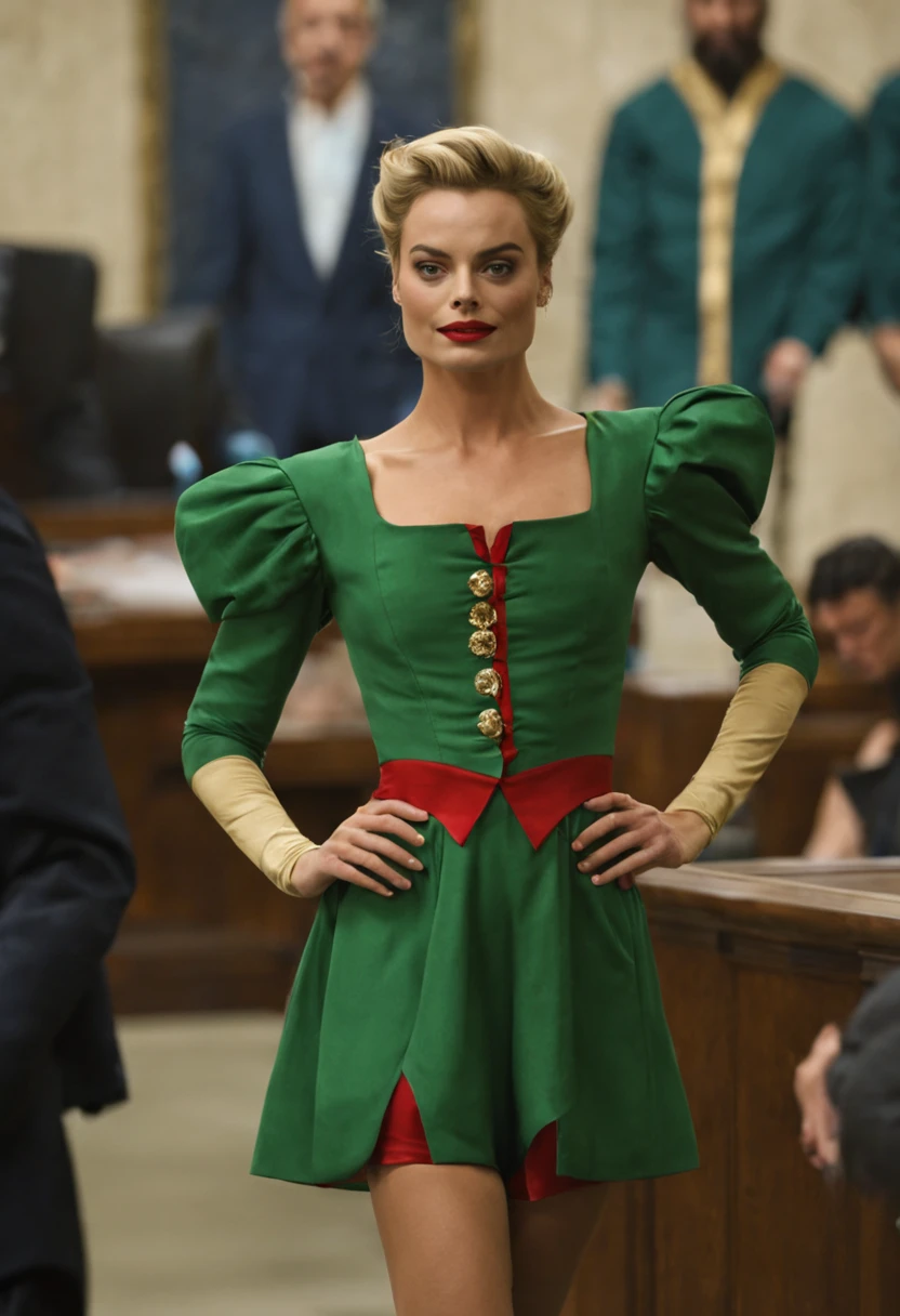 Margot Robbie dancing in a court jester outfit in a court room