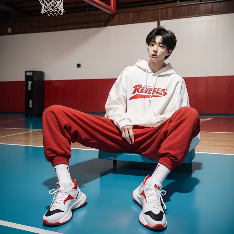 1 Korean Youth，male people，20yr old，tall，Height 180 cm，Hair is medium length，Red sweatshirt，black long pants，High top AJ basketball shoes，White sport socks，Sit on the basketball court，Point to shoeadass anime 4k，POV perspective，arrogant，Cold，looking to the camera