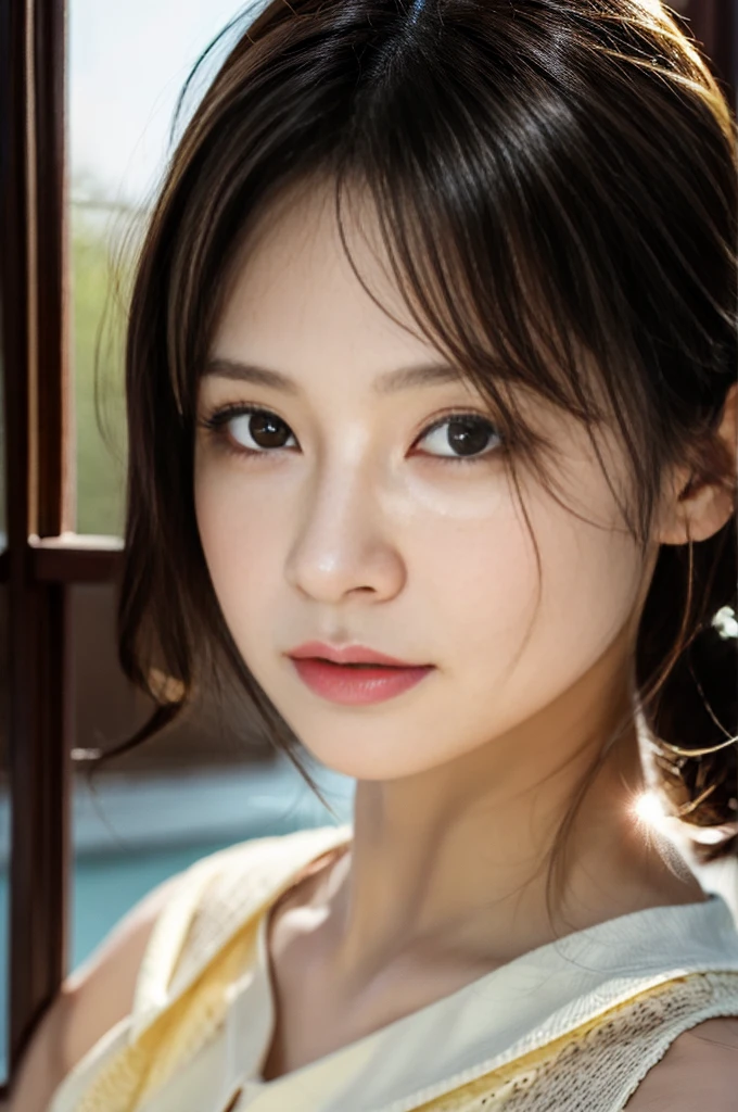 (Photoreal Stick:1.5, masutepiece:1.5, 8K), (top-quality, masterpiece, 超A high resolution), (Face Sharp Focus:1.45), Professional camera work:1.25, Highly detailed skin and facial texture:1.3, Grow Light Effect, The ultra-detailliert:1.3, 1girl in, Fair skin, (Sense of clarity:1.5), Small face, Extremely beautiful face:1.4, (Sense of clarityを感じる目:0.9, looking distantly, Enraptured look:1.0, i love you completely:0.8, slightly open mouth:0.4, Sense of clarityを感じる口当たり:0.7), 二重まぶた, Dark brown medium hair, necklace and earrings, looking at viewert, (The whole thing looks white and hazy:1.6), (The woman looks hazy because of the bright light.:1.6), (reflect light onto the lens:1.6), (sunrises, Light sunlight:1.3, sunlight shining from behind:1.3, Pale sunlight spreads across the screen:1.5)