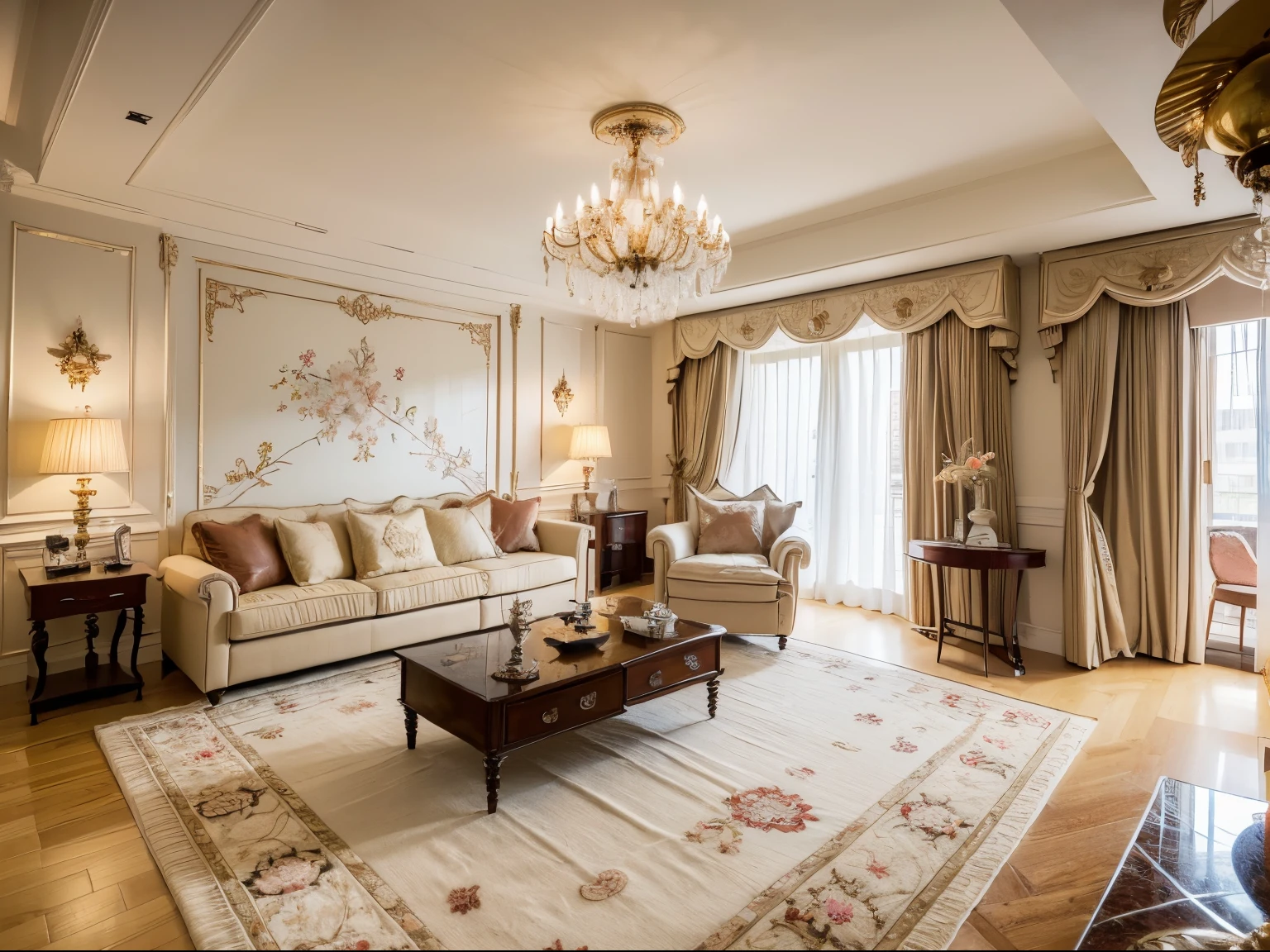 (best quality,highres,masterpiece:1.2),ultra-detailed,crystal chandelier hanging from the ceiling,royal aristocratic atmosphere,pale pink cushions on the sofa,wall murals with vivid imagination,warm and cozy,carpet with intricate patterns telling a beautiful story,feeling the warmth of home,royal luxury,exquisite detail description,impressive crystal details,soft and elegant atmosphere,romantic and dreamy,palace-like ambiance,historical charm,understated elegance,plush cushions,artistic wall decorations,fairy tale-like,whisper of grandeur,delicate craftsmanship,ethereal beauty,mesmerizing lighting,serene and enchanting,colorful and imaginative mural,fine texture of the carpet,fantastic storytelling,invitation to a magical world,rich and inviting colors,ethereal lighting effects,cozy and inviting ambiance,historical romance,peaceful and intimate setting,majestic and opulent,refined and graceful,fairytale palace ambiance,exquisite tapestry,exquisite interior design,comfortable and soothing,enjoying the beauty of the surroundings,feeling like royalty amidst the grandeur.