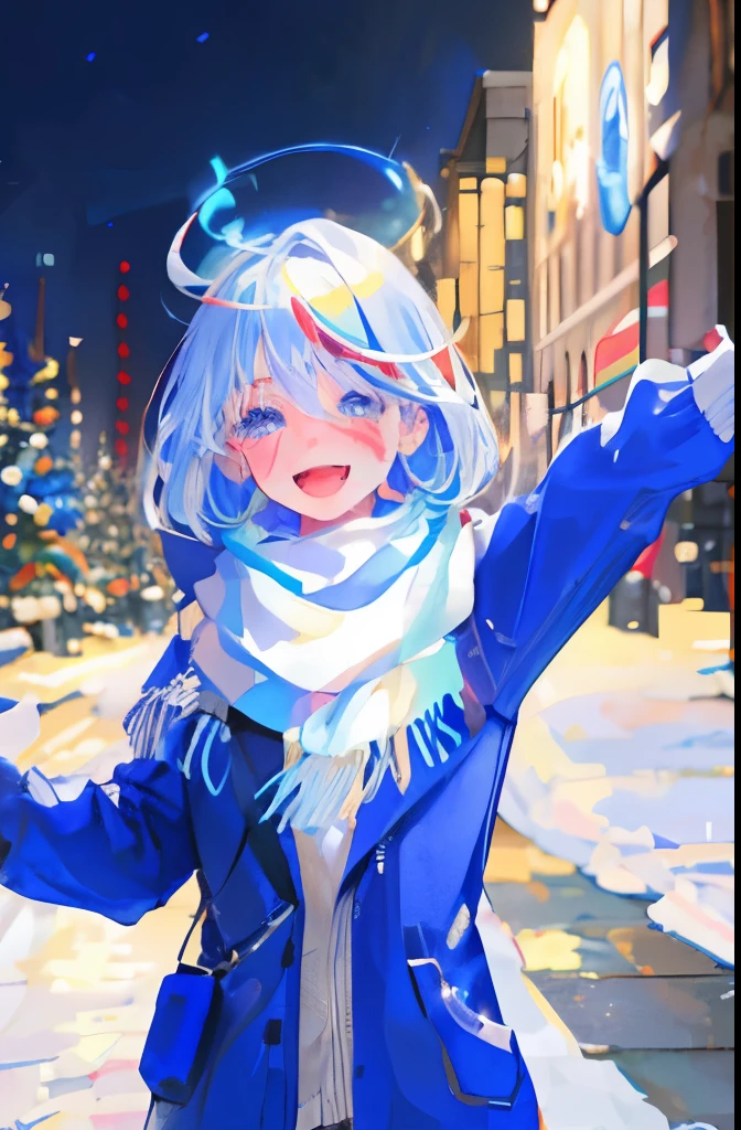 furina, A girl with white hair, blue christmas outfit, wearing a scarf, in the city plaza with a christmas tree in the middle with colorful lights, snowing, laughing, smiling and blushing, focused on viewer, night background