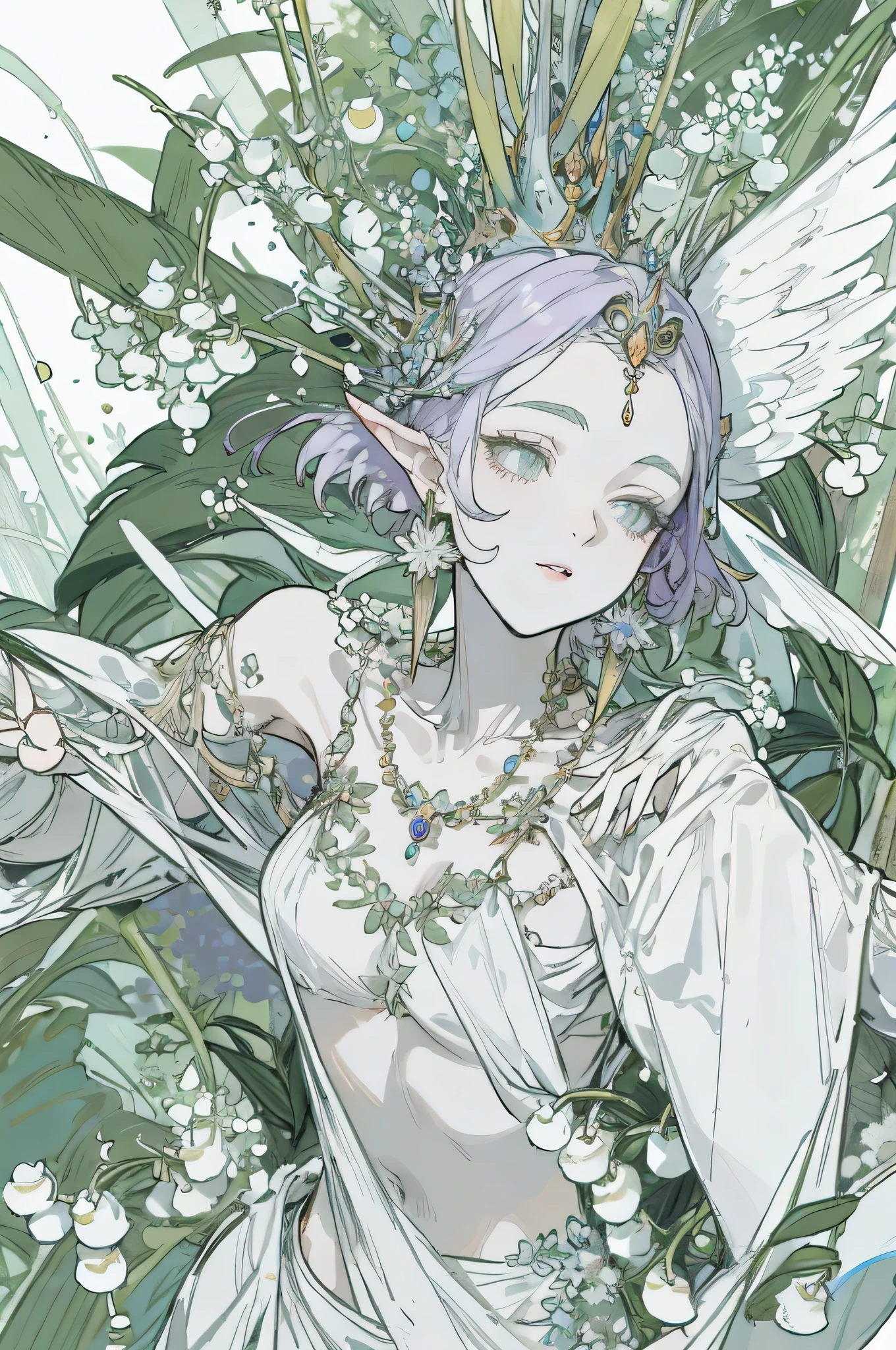 lilac, forest nymph, lily of the valley, ethereal forest girl, perfect anatomy, hanging jewels, pretty girl, amazing body, best proportions, european victorian style, greek style, ancient goddesace closeup)))