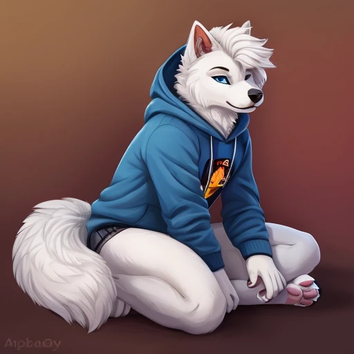 Samoyed, dog, furrsona, fluffy, punk, anarchist, mysterious, blue hoodie, cross earrings, tech-savvy, full furrsona, pixel paws name, blue eyes, metalhead, plain blue hoodie