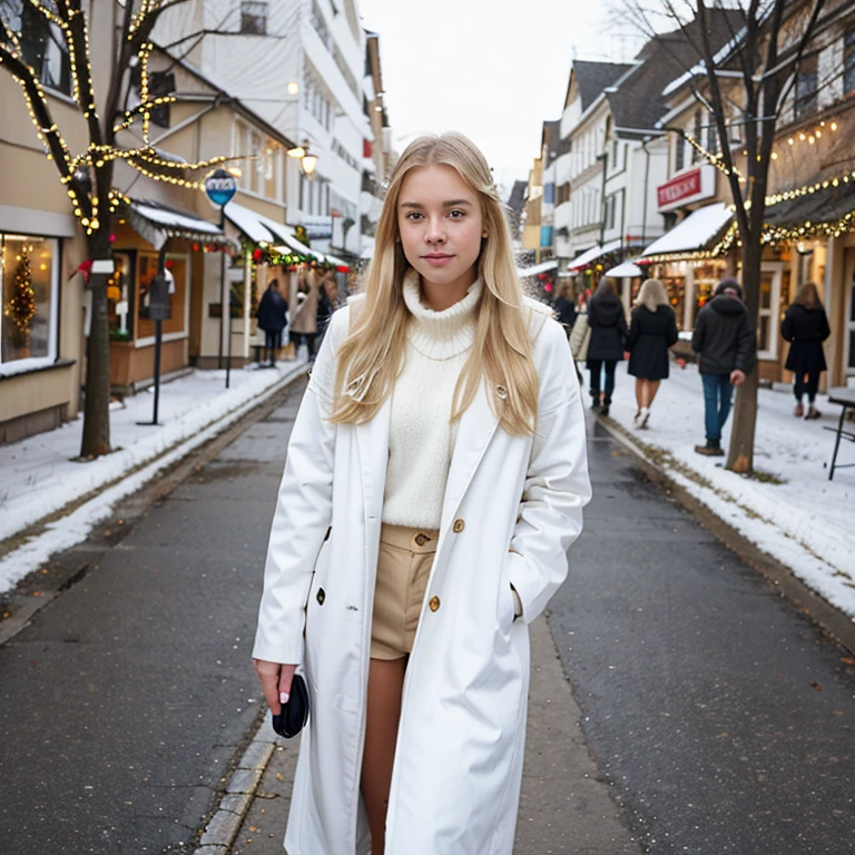 beautiful young girl, long blonde hair, looking at viewer, photorealism walking through the christmas town, wear white coat