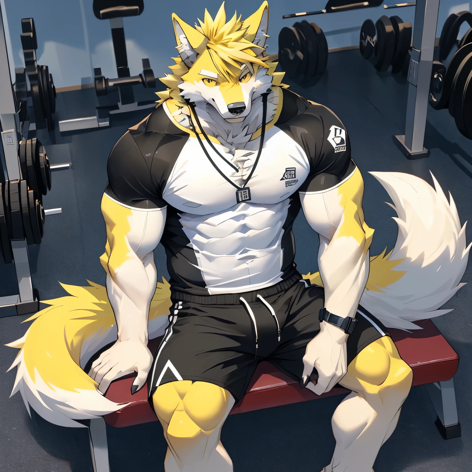 By 狼音アロ, Wolf アロ solo, Wolf Head, Wolftail, muscular, sexy yellow ears, Yellow hair, hair on arm, hair on legs, Yellow fur all over,
Black sports shorts, face recognition, stroking my pants, sitting in the gym