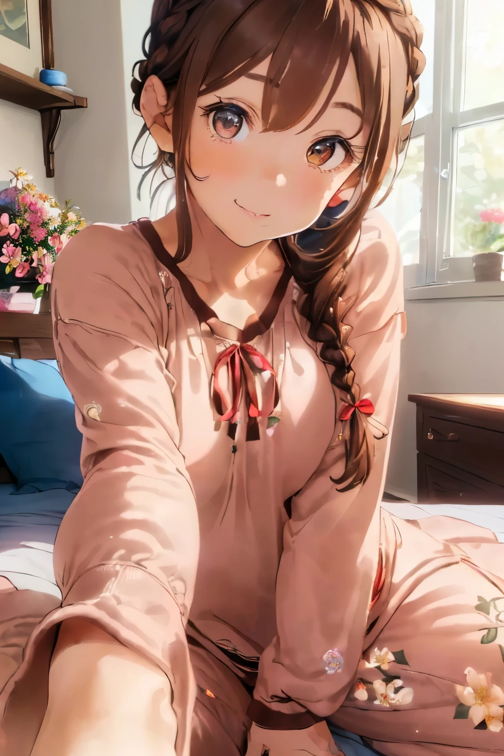 (Brown hair:1.3),(Braided shorthair:1.3),(With bangs),(Brown eyes:1.3),(Eye size:1.6),(My eyes are shining like stars:1.25),(Relaxed face),(gentle smile:1.2),(Sister sitting:1.3),(A girly room with lots of cute flowers:1.5),(Colorful flowers:1.45),(botanical pattern bed:1.35),(Sitting on the bed:1.35),(Slightly slouched:1.3),(Tilt of the neck:1.5),(Warm room socks:1.3),(breast closeup),Slight red tide,(close up of face:1.6),(long sleeve loungewear:1.45),(Stretching out both arms:1.5),(Hurray Pose:1.4),