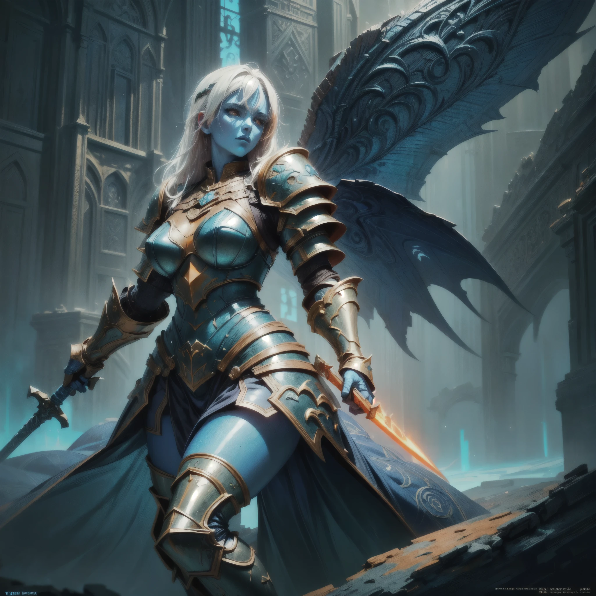 fantasy art, dnd art, RPG art, chibi, wide shot, (masterpiece: 1.4) portrait, intense details, highly detailed, photorealistic, best quality, highres, portrait a vedalken female (fantasy art, Masterpiece, best quality: 1.3) ((blue skin: 1.5)), intense details facial details, exquisite beauty, (fantasy art, Masterpiece, best quality) cleric, (blue colored skin: 1.5) 1person blue_skin, blue skinned female, (white hair: 1.3), long hair, intense green eye, fantasy art, Masterpiece, best quality) armed a fiery sword red fire, wearing heavy (white: 1.3) half plate mail armor CM-Beautiful_armor wearing high heeled laced boots, wearing an(orange :1.3) cloak, wearing glowing holy symbol GlowingRunes_yellow, within fantasy temple background, reflection light, high details, best quality, 16k, [ultra detailed], masterpiece, best quality, (extremely detailed), close up, ultra wide shot, photorealistic, RAW, fantasy art, dnd art, fantasy art, realistic art,