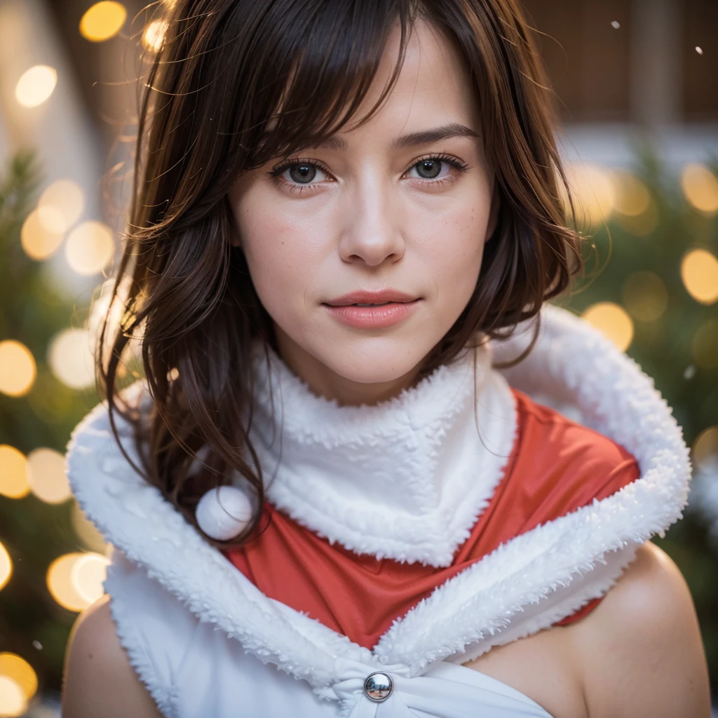 Sophie Marceau, age 20, wears a girly Santa Claus costume. Looks bright and sexy ball in hand Christmas decorations Next to the Christmas tree and the snow falling on the snowy ground In winter nights the sky is bright blue. There is light from an ancient lantern. and circular bokeh lights, photographed with a Lica camera, f1 lens.4, sharp, very high image resolution, 32 K level, UHD, Her eyes reflected the fire and sparkled beautifully.