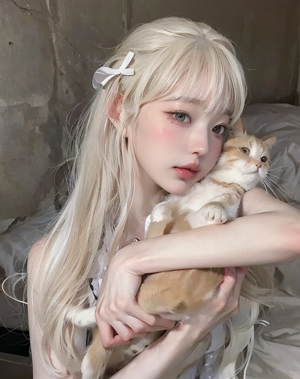 blond haired niña holding a gato in her arms, long Blanco hair and bangs, with Blanco long hair, with long Blanco hair, Blanco gato niña, Blanco ( gato ) niña, very beautiful cute gatoniña, attractive gato niña, Blanco hime cut hairstyle, cabello pálido, long Blanco hair, perfect Blanco haired niña, Blanco haired, Blanco-haired, ulzzang