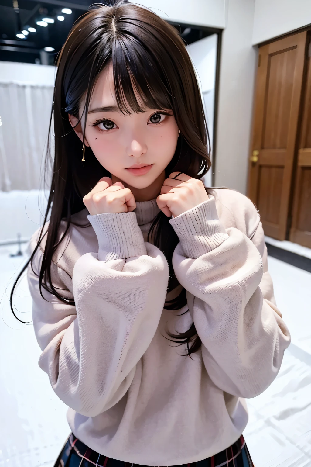 One person, solo, High resolution, masterpiece, accurate, Anatomically correct, Winner of numerous awards, Highest quality, Damaged, High-resolution model, High detail, Retina, Very detailed, Textured skin, Ultra high definition, movieの光効果, movie, movie撮影, Chiaroscuro, Background blur, Everything detailed and exquisite、Complete human body、Correct human body、Perfect human body、Accurate human body、Detailed Background、Elaborate background 1girl, Black-haired、Long Hair, (Super big breasts:1.5), Sagging under the eyes、Red Eye Makeup:1.2, From feet to head、(Fluorescent soft pink lipstick:1.3)、
(Japanese jirai type girl:1.5, Japan Underground Idols、Japanese Landmine Woman Makeup:1.5),
((Open your mouth and stick out your tongue:1.2,Subjective, Kissing Face, Love Hotel:1.8, Lights out:1.8, Decolorization lighting:1.8)), sexy and seductive、Accentuate larger breasts,
Sit with your legs apart、Squat、sitting、Straddle a man、白いVirgin killer sweater
