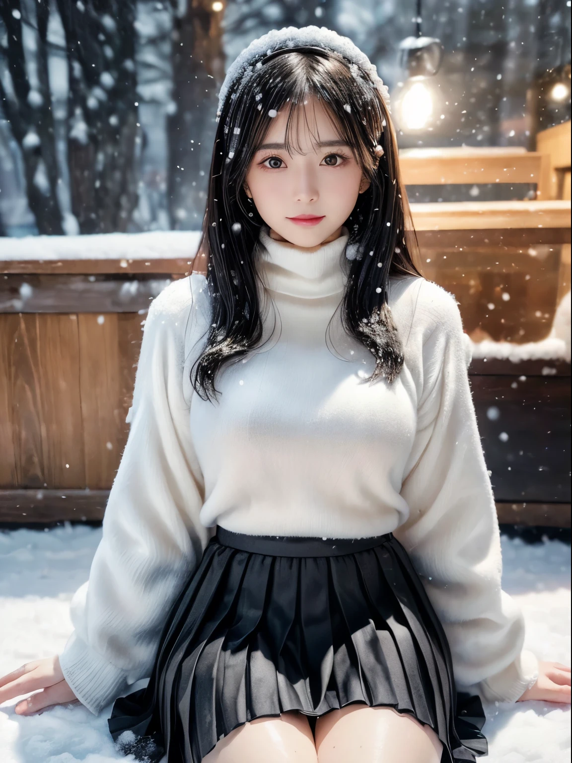 (8K,masutepiece, Raw photo,Best Quality:1.4),(photographrealistic:1.2),(extremely Detailed face),(Shiny skin),(Detailed skin),(Detailed face),(Extremely beautiful face),1girl in,Looking at Viewer,Japanese ido(actor hair,Medium Hair,Straight hair,asymmetrical bangs,Smile,glamor,Large breasts, (white fleece jacket, Black turtleneck sweater, Black pleated skirt:1.2), Christmas Market, (there is snow on the ground:1.3),High Position,Professional Lighting