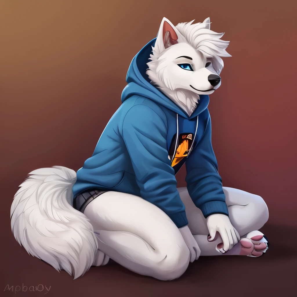 Samoyed, dog, furrsona, fluffy, punk, anarchist, mysterious, blue hoodie, cross earrings, tech-savvy, full furrsona, pixel paws name, blue eyes, metalhead, plain blue hoodie