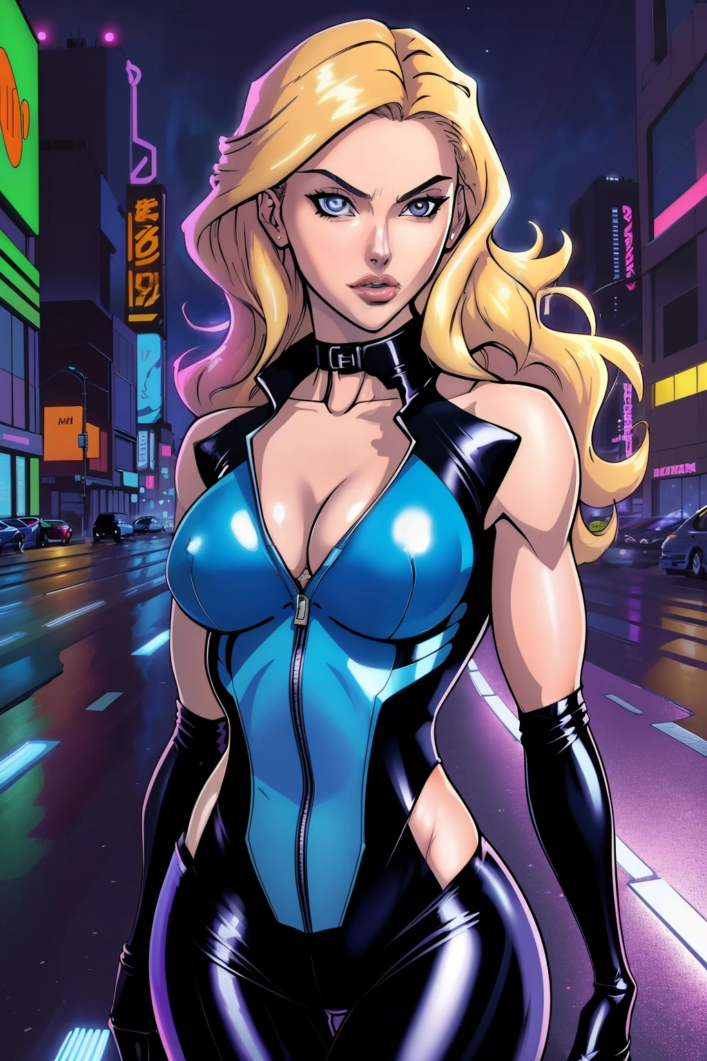 slim blonde woman, sexy, cyberpunk, long hair, racing suit, latex, (((unbuttoned outfit))), ((open top)), small breasts, ((tight shirt)), looking at viewer, nikon 85mm, alone, single, neotokyo, outside, night, street, motorcycles, high tech, the future, soft light, centered, volumetric lighting, bomber jacket, chromatic aberration, comic book style, (anime shading:1.5), (((beautiful))), (((gorgeous))), ((masterpiece)), vibrant colors, colorful, bright, clear, vibrant, (((saturated))), ((photorealism)), (cinematic), (volumetric lightinasterpiece)), (detailed background), (((beautiful))), (((gorgeous)))