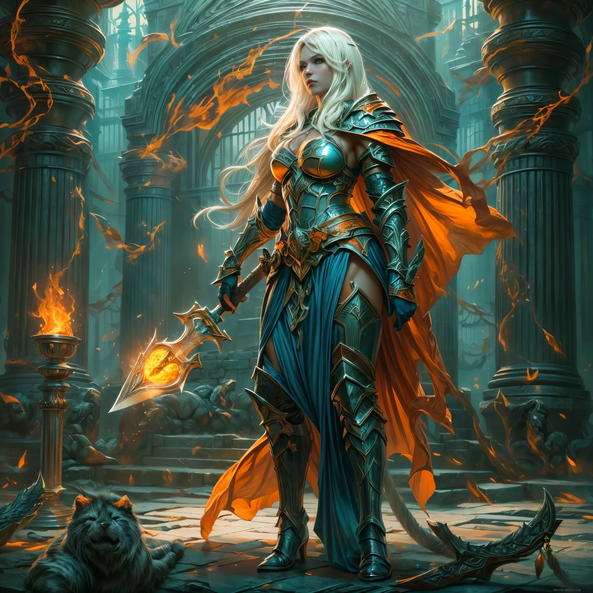 fantasy art, dnd art, RPG art, wide shot, (masterpiece: 1.4) portrait, intense details, highly detailed, photorealistic, best quality, highres, portrait a vedalken female (fantasy art, Masterpiece, best quality: 1.3) ((blue skin: 1.5)), intense details facial details, exquisite beauty, (fantasy art, Masterpiece, best quality) cleric, (blue colored skin: 1.5) 1person blue_skin, blue skinned female, (white hair: 1.3), long hair, intense green eye, fantasy art, Masterpiece, best quality) armed a fiery sword red fire, wearing heavy (white: 1.3) half plate mail armor CM-Beautiful_armor wearing high heeled laced boots, wearing an(orange :1.3) cloak, wearing glowing holy symbol GlowingRunes_yellow, within fantasy temple background, reflection light, high details, best quality, 16k, [ultra detailed], masterpiece, best quality, (extremely detailed), close up, ultra wide shot, photorealistic, RAW, fantasy art, dnd art, fantasy art, realistic art,