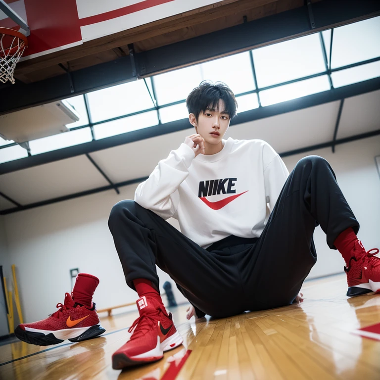 1 Korean young men,male people,20yr old,tall,Height 180 cm,Hair is medium length,Red sweatshirt,black long pants,high top nike basketball shoes,White sport socks,Sit on the basketball court,Point to shoes,8K anime,POV perspective,arrogant,Cold,looking to the camera