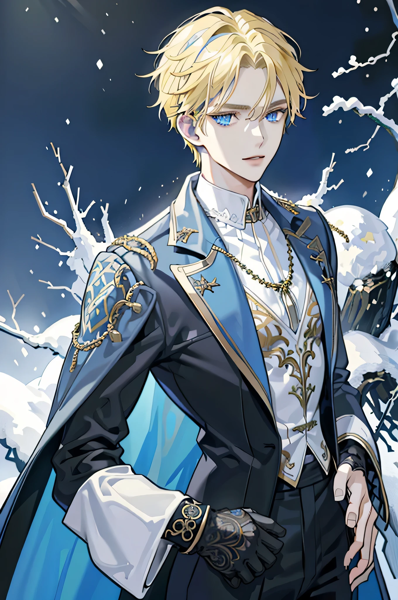年轻 man,Man's,Light modern clothes,18 years old,(Blonde hair:1.2),short detailed hair,(((Blue_Eyes:1.3))),Convoluted Eyes,beautiful detailed Eyes,symmetrical Eyes,big Eyes:1.5, handsome man, man:1.5,1 man,(Man's,muscle,1boy, 1人Man's子,breastsout,man chest, muscular),年轻,((1Man's,1 Man's,1man,man,Man's gender:1.5,handsome man,Man's focus)),Perfect face,Nice hairstyle,Perfect proportions,((Detailed face)), expressive Eyes,Serious face,evil Eyes, (Ultra-detailed:1.3),Beautiful detailed glow,Finely detailed,Ultra-detailed, (Bulging pants),Sweatshirt,Sweaters,(Navel),(Snowflake Necklace), Winters clothes,(((Convoluted outfit,Convoluted clothes,Embroidered costumes,Glamorous costumes,Embroidery clothing,ornate clothing))),(((crystal costume,trench coat))), (Dynamic Pose:1.0),serious and thoughtful,man embarrassed,(Centered,scale to fit the dimensions,thirds rule), ((Snowy pine forest at night, Dark Forest, swamp, Turbid water, Foggy, Eerie aura, creepy atmosphera)),In the clouds of a dark storm,Winters,Scenery:1.25,Convoluted Scenery,((snow forest background)),Christmas tree, (Glossy Winters ornaments),hight resolution,Sharp Focus,(Ultra-detailed細,Extremely detailed),(Photorealistic artwork:1.37),(Extremely detailed CG unity 8k wallpaper),(((Vibrant colors,Vibrant themes))),(Convoluted),(masutepiece),(Best Quality),