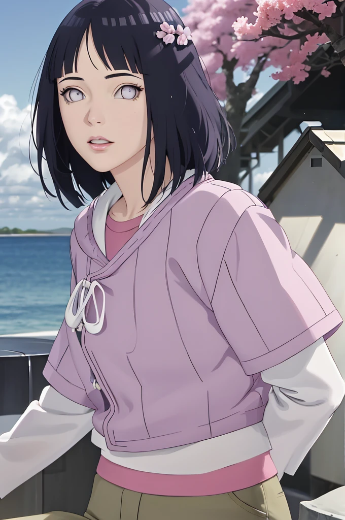 {-erro_de_anatomia:1.0}master part, absurdos, Hinata\(Boruto\), 1girl, sozinho,Mature female, Capuz roxo,mangas em camadas, brown pants, ao ar livre, Campo de flores de lavanda, looking at the petals), Cloudy sky, perfect composition, circunstanciado lips, peito grande, beautiful face, body propotion, corar, (pink lips), cabelos curtos, lilac eyes, olhar suave, super realistic, circunstanciado, Photo Session, rosto e corpo realistas, Realistic hair, olhos realistas, nariz realista, realistic lips, brown pants, anime, close up the face, portait