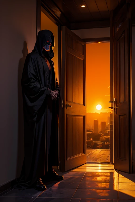 grim reaper standing in the doorway of a modern house, (suburban background, orange setting sun), glowing purple eyes, creeping shadow