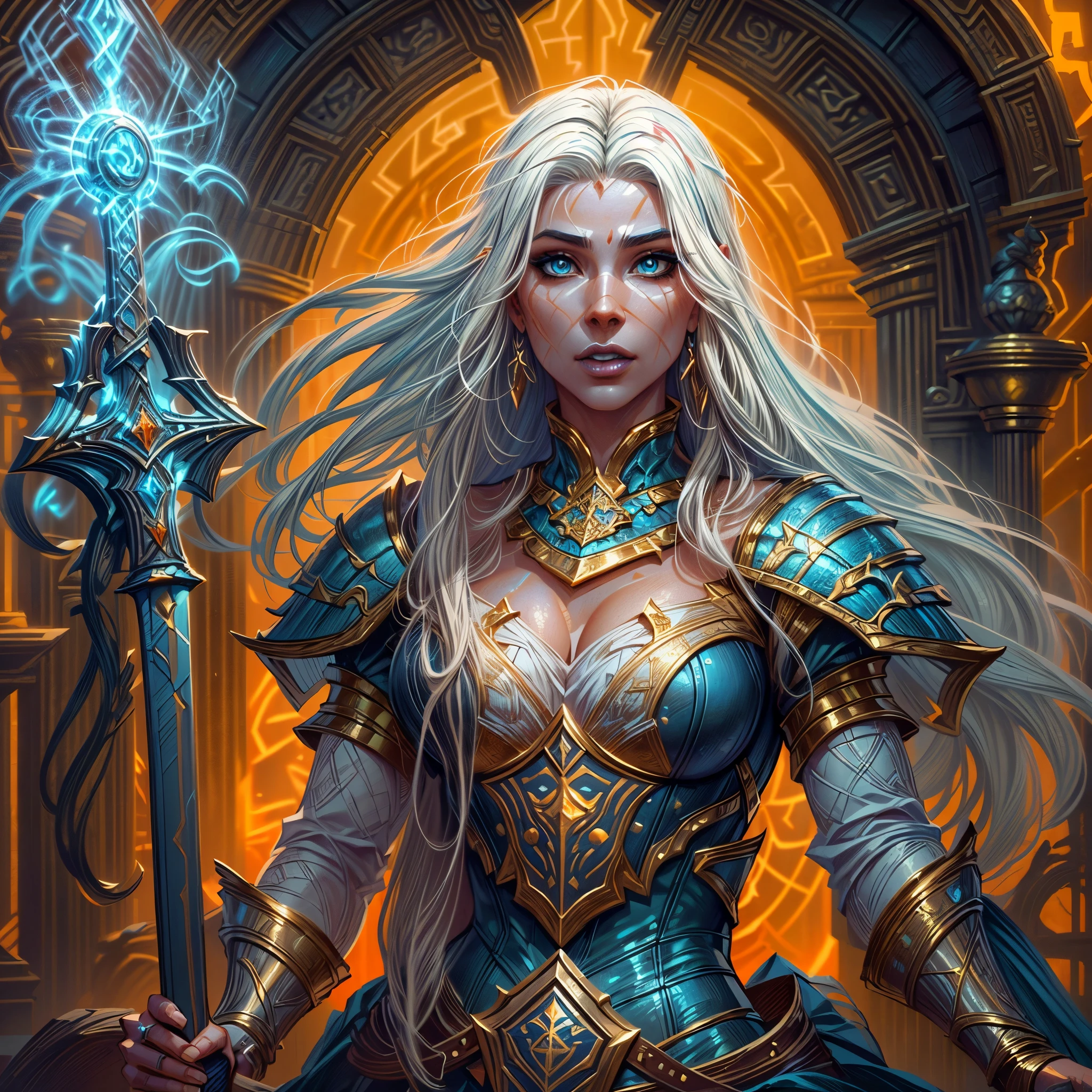 fantasy art, dnd art, RPG art, wide shot, (masterpiece: 1.4) portrait, intense details, highly detailed, photorealistic, best quality, highres, portrait a vedalken female (fantasy art, Masterpiece, best quality: 1.3) ((blue skin: 1.5)), intense details facial details, exquisite beauty, (fantasy art, Masterpiece, best quality) cleric, (blue colored skin: 1.5) 1person blue_skin, blue skinned female, (white hair: 1.3), long hair, intense green eye, fantasy art, Masterpiece, best quality) armed a fiery sword red fire, wearing heavy (white: 1.3) half plate mail armor CM-Beautiful_armor wearing high heeled laced boots, wearing an(orange :1.3) cloak, wearing glowing holy symbol GlowingRunes_yellow, within fantasy temple background, reflection light, high details, best quality, 16k, [ultra detailed], masterpiece, best quality, (extremely detailed), close up, ultra wide shot, photorealistic, RAW, fantasy art, dnd art, fantasy art, realistic art,