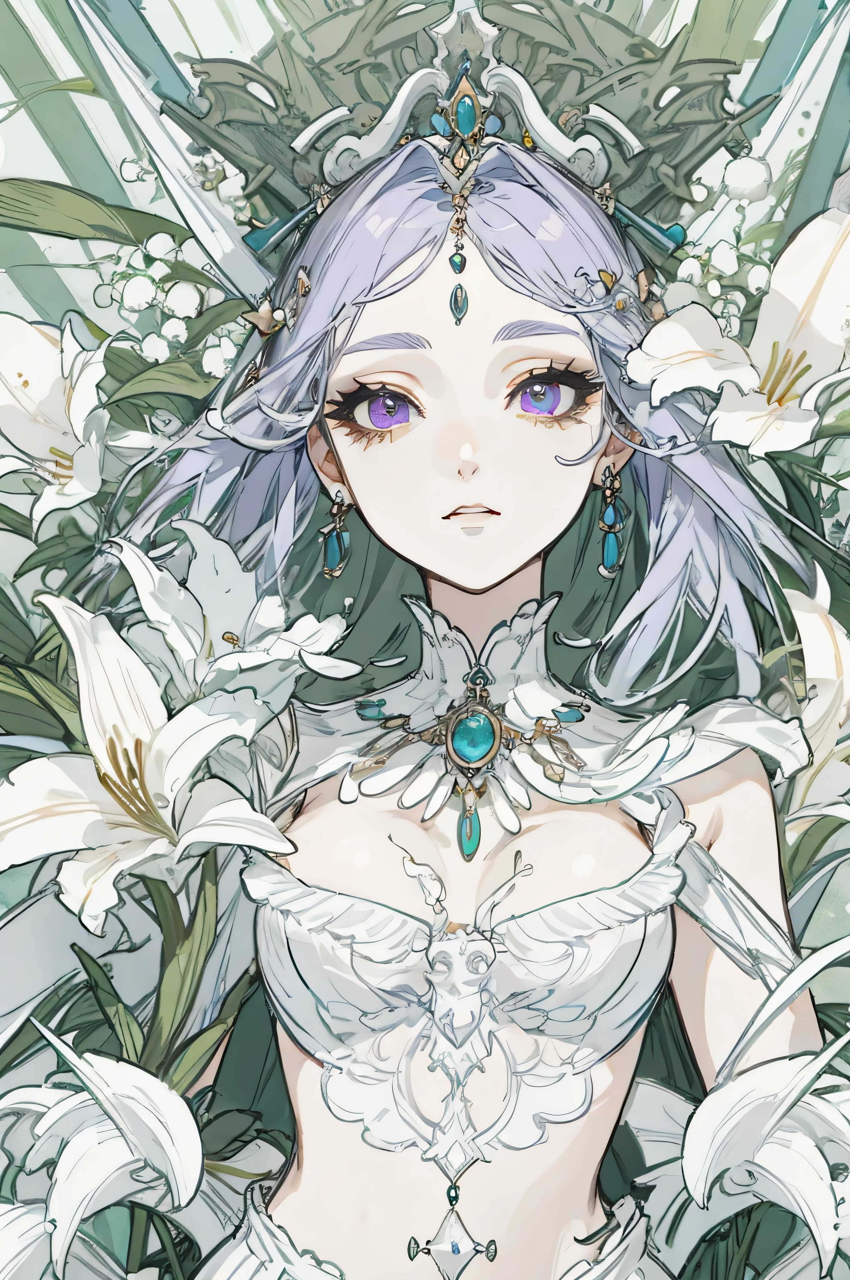 lilac, forest nymph, lily of the valley, ethereal forest girl, perfect anatomy, hanging jewels, pretty girl, amazing body, best proportions, european victorian style, greek style, ancient goddesace (((face closeup))), korean eye makeup