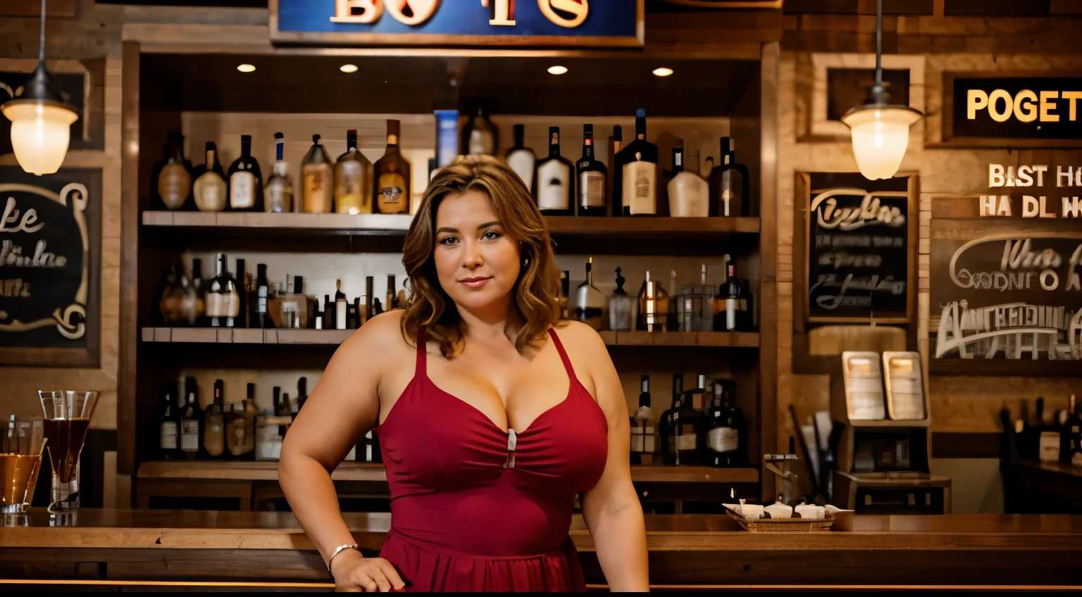 A 60-year-old woman standing in front of a bar with a big and beautiful body and a beautiful and sexy dress is a body bag