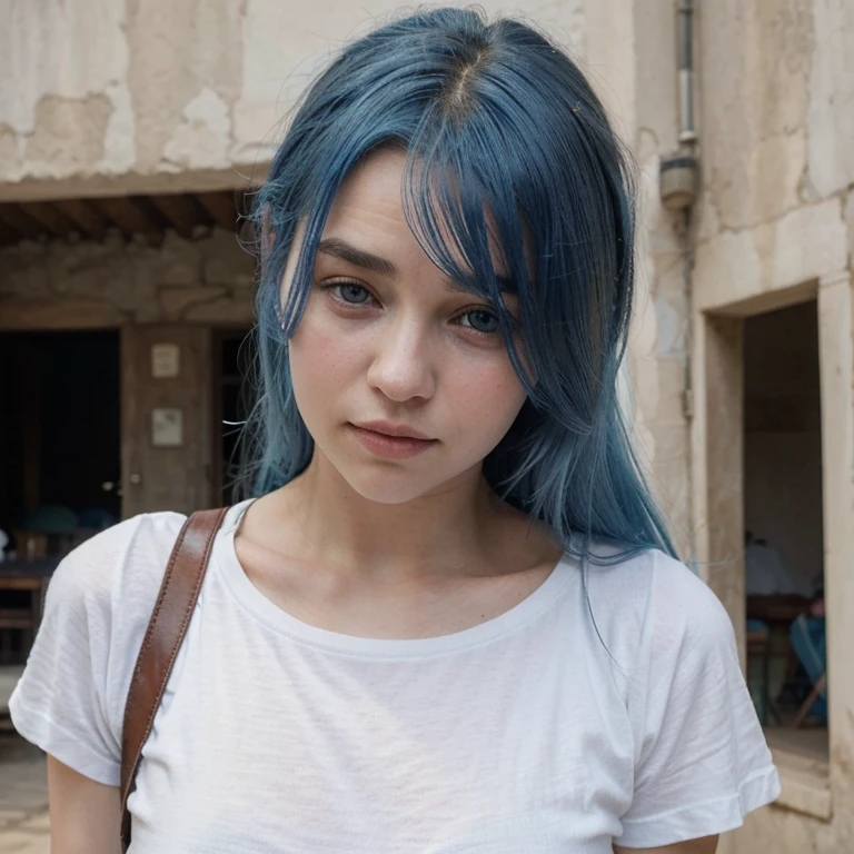 Please create an image of a 21 years old womsn with blue hair in a white t-shirt and make her face look like Emilia Clarke