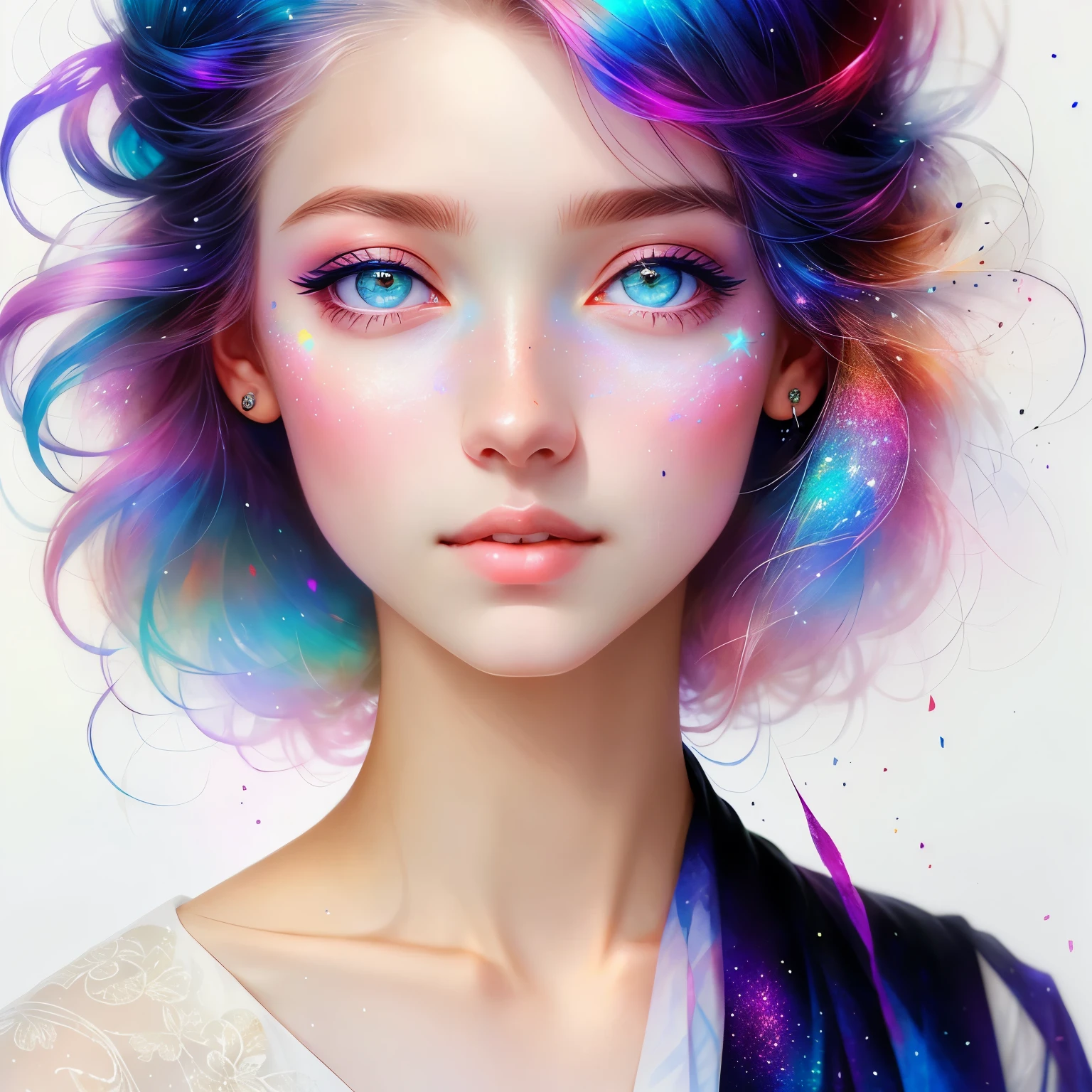 This is a dreamy and ethereal image. Gere uma rainha extravagante e forte por Agnes Cecile com olhos lindamente detalhados e realistas. Inclua pingos de tinta e luzes de fadas. The colors used should be soft and pastel, exceto para os olhos, que deve ser ousado e realisticamente sombreado. Incluir luminosa, Glitter, Brilho, e detalhamento intrincado. This is a high-quality image of world-class artist agnes cecile. ((master part))