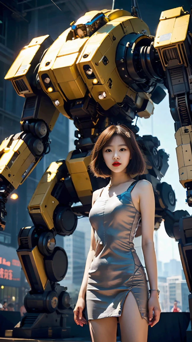 ((masterpiece, best quality)), illustration, ultra detailed 8k, photorealistic, sharp focus, highly detailed, professional lighting, colorful details, iridescent colors BREAK extreme long shot of a factory, big construction of red and silver mechanical robot, microchip, computer, bright, intricate details, 1 girl with perfect face, beautiful mini skirt is standing in front of the audience,