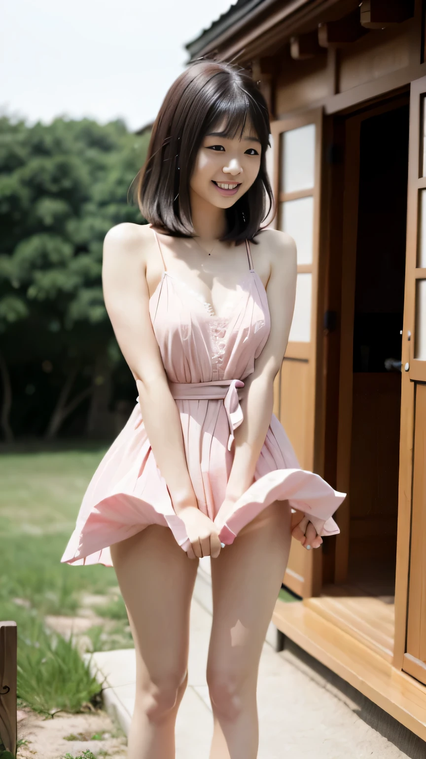 (top-quality、8K、32K、​masterpiece、nffsw:1.2)、Photo of a cute Japanese woman、(mournful smile、red blush:1.1)、looking at the viewers、{{(Beautiful detailed dress skirt:1.2::pink there)}}、Detailed legs、(Spread legs:0.9)、(Lace pantie:0.9)、{{{(wind lift:1.6)}}}、{{full body Esbian、the wind}}、城市、outside of house