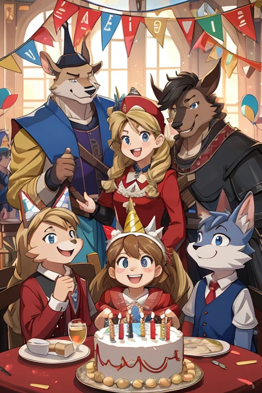 Estilo Cartoon, Dark Medieval Fantasy: Escena 1: Vida Cotidiana En una vida cotidiana adornada con trofeos de caza, la Cazadora Serena, con su familia de cabellos rubios, Share laughter and moments of happiness while celebrating a birthday. Todo representado en un estilo cartoon con toques de anime.