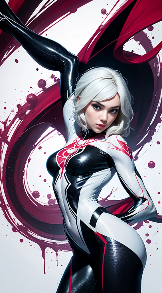 spider gwen, Hot, partial , hightquality, Dynamic Poses, Beautiful, Gorgeous, In love,Short suit, spider in a suit, white black red suit、Christine Bell