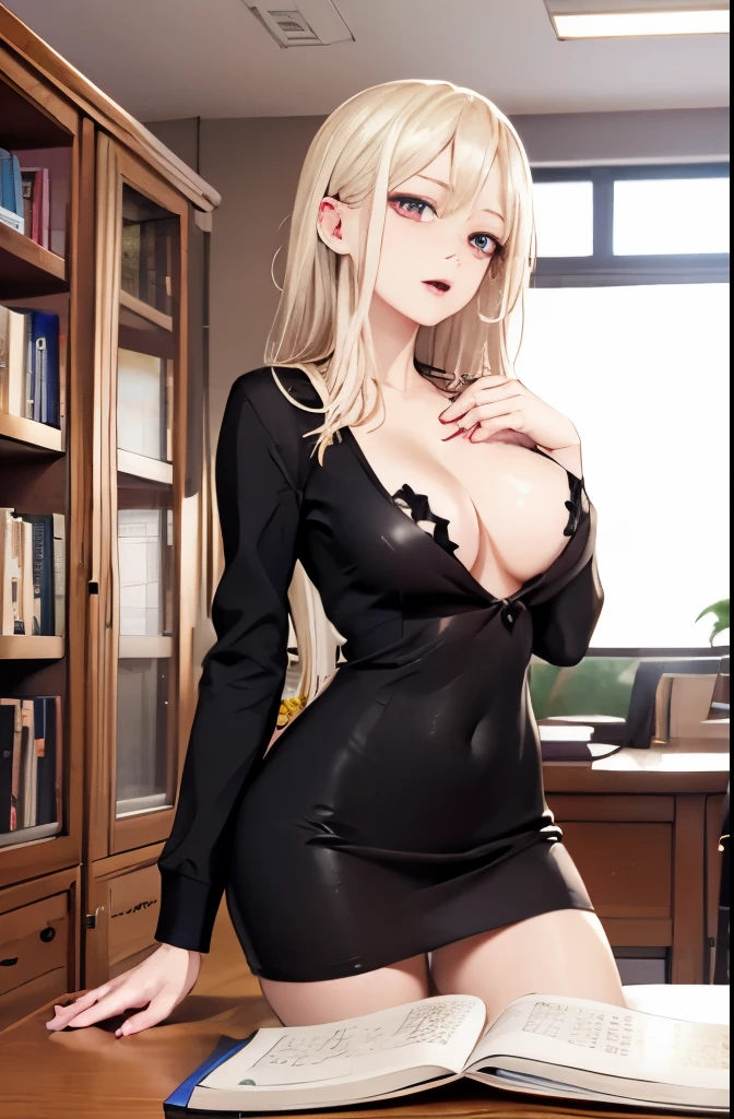 Sexy Librarian、Reading at her desk、at the library、Colossal tits、cleavage of the breast、Perfect Hands Perfect Fingers Perfect Chest Perfect Fit Perfect Body Perfect Face Perfect Image Realism Detailed Background Detailed Outfit Micro Bikini、Unbuttoned shirt、Lewd librarian、Hyper-Realism、Photorealsitic、Unreal Engine、3DCG、octan render、8K maximum resolution very detailed、sweater dress、Professional librarian、Chest about to burst from her clothes、yawns