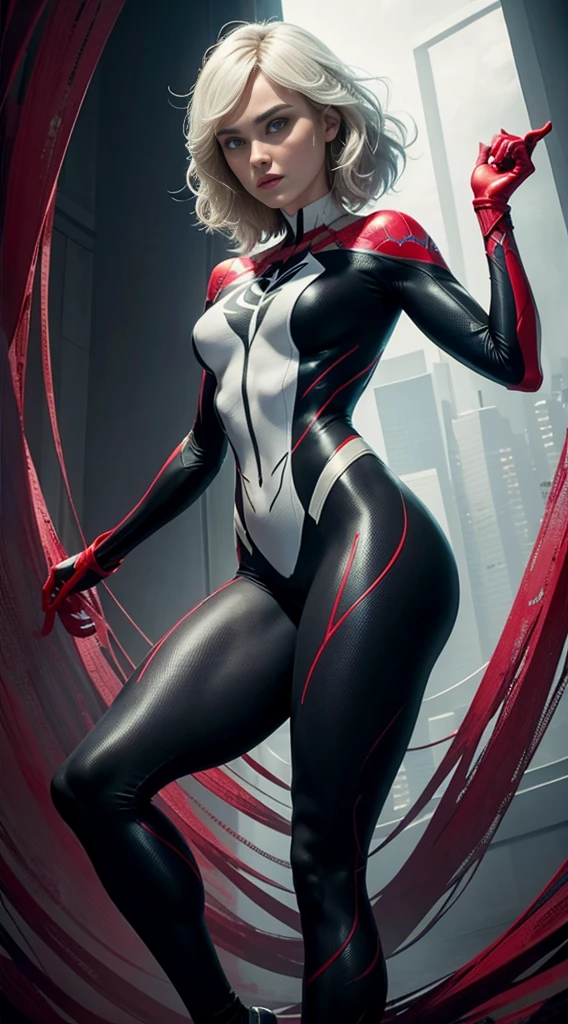 spider gwen, Hot, partial , hightquality, Dynamic Poses, Beautiful, Gorgeous, In love,Short suit, spider in a suit, white black red suit、keira knightley