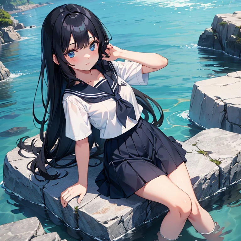 A teenage mermaid girl with black long hair, blue eyes and white skin wear sailor school uniform lay on the rock in the ocean and a highschool boy wear shirt and trouser try to make her his girlfriend
