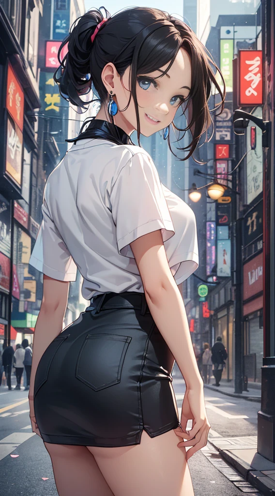top-quality、Top image quality、​masterpiece、girl with((18year old、Best Bust、Medium bust、Bust 85,Beautiful wide open blue eyerest,Black Short Sleeve T-Shirt、white see-through short skirt、Ponytail with black hair、grin、fashionable bageauti blue earrings、emphasis on the buttocks、A slender、Height 175cm,posterior view、bending forward)）hiquality、Beautiful Art、Background with((movie theatre)),masutepiece、Elaborate design、visualart、depth of fields、The best lighting、highestdetailed、