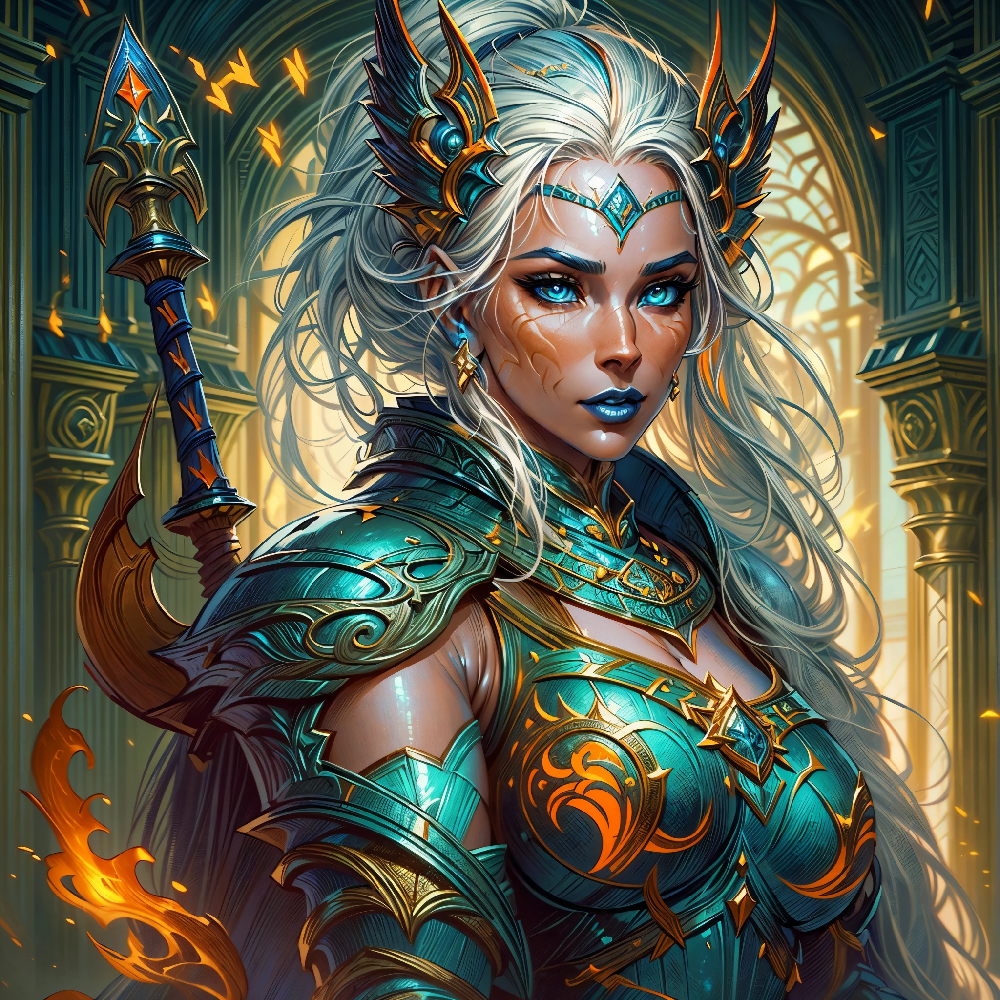 fantasy art, dnd art, RPG art, wide shot, (masterpiece: 1.4) portrait, intense details, highly detailed, photorealistic, best quality, highres, portrait a vedalken female (fantasy art, Masterpiece, best quality: 1.3) ((blue skin: 1.5)), intense details facial details, exquisite beauty, (fantasy art, Masterpiece, best quality) cleric, (blue colored skin: 1.5) 1person blue_skin, blue skinned female, (white hair: 1.3), long hair, intense green eye, fantasy art, Masterpiece, best quality) armed a fiery sword red fire, wearing heavy (white: 1.3) half plate mail armor CM-Beautiful_armor wearing high heeled laced boots, wearing an(orange :1.3) cloak, wearing glowing holy symbol GlowingRunes_yellow, within fantasy temple background, reflection light, high details, best quality, 16k, [ultra detailed], masterpiece, best quality, (extremely detailed), close up, ultra wide shot, photorealistic, RAW, fantasy art, dnd art, fantasy art, realistic art,