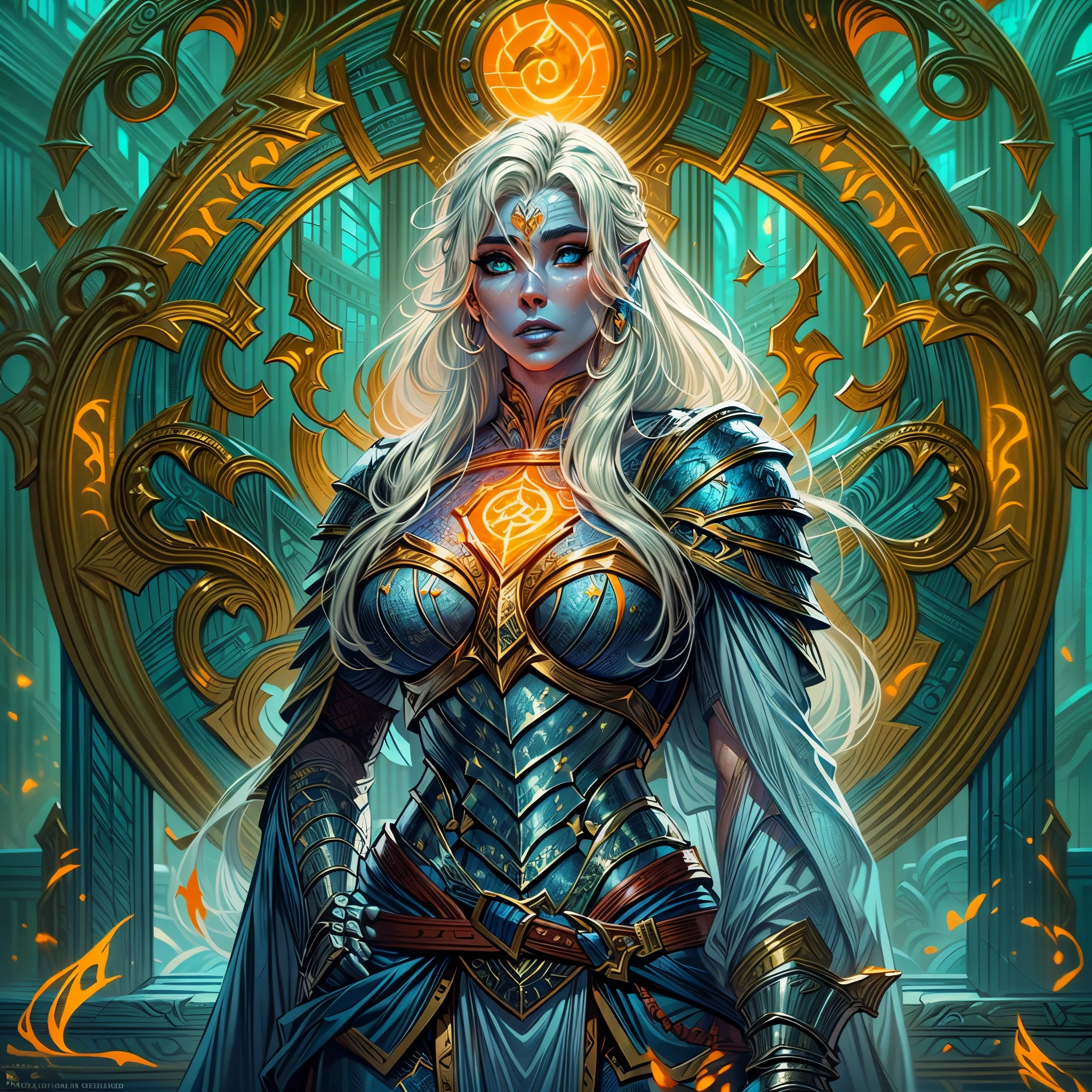 fantasy art, dnd art, RPG art, wide shot, (masterpiece: 1.4) portrait, intense details, highly detailed, photorealistic, best quality, highres, portrait a vedalken female (fantasy art, Masterpiece, best quality: 1.3) ((blue skin: 1.5)), intense details facial details, exquisite beauty, (fantasy art, Masterpiece, best quality) cleric, (blue colored skin: 1.5) 1person blue_skin, blue skinned female, (white hair: 1.3), long hair, intense green eye, fantasy art, Masterpiece, best quality) armed a fiery sword red fire, wearing heavy (white: 1.3) half plate mail armor CM-Beautiful_armor wearing high heeled laced boots, wearing an(orange :1.3) cloak, wearing glowing holy symbol GlowingRunes_yellow, within fantasy temple background, reflection light, high details, best quality, 16k, [ultra detailed], masterpiece, best quality, (extremely detailed), close up, ultra wide shot, photorealistic, RAW, fantasy art, dnd art, fantasy art, realistic art,