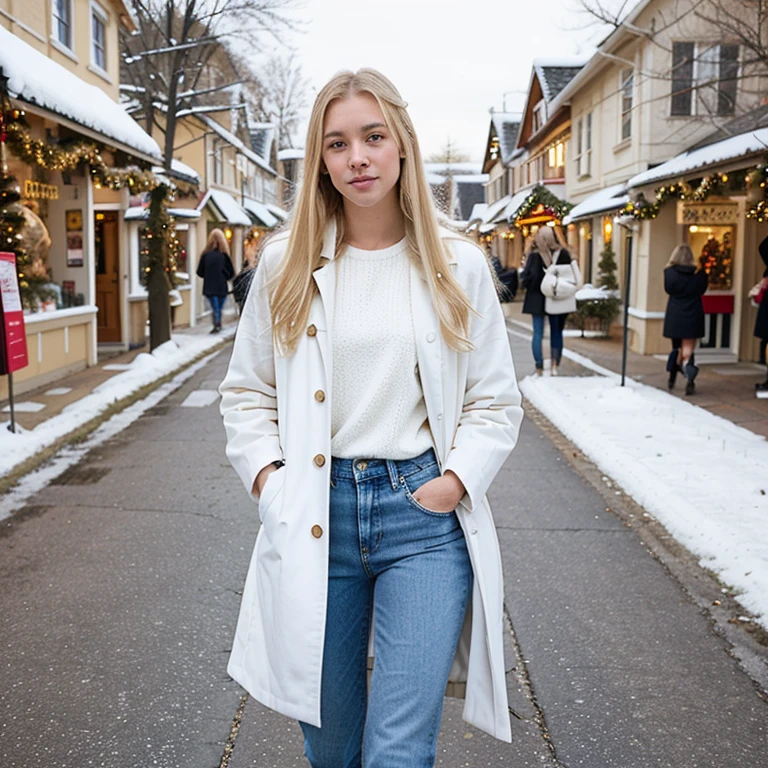 beautiful young girl, long blonde hair, looking at viewer, photorealism walking through the christmas town, wear white coat and tight jeans