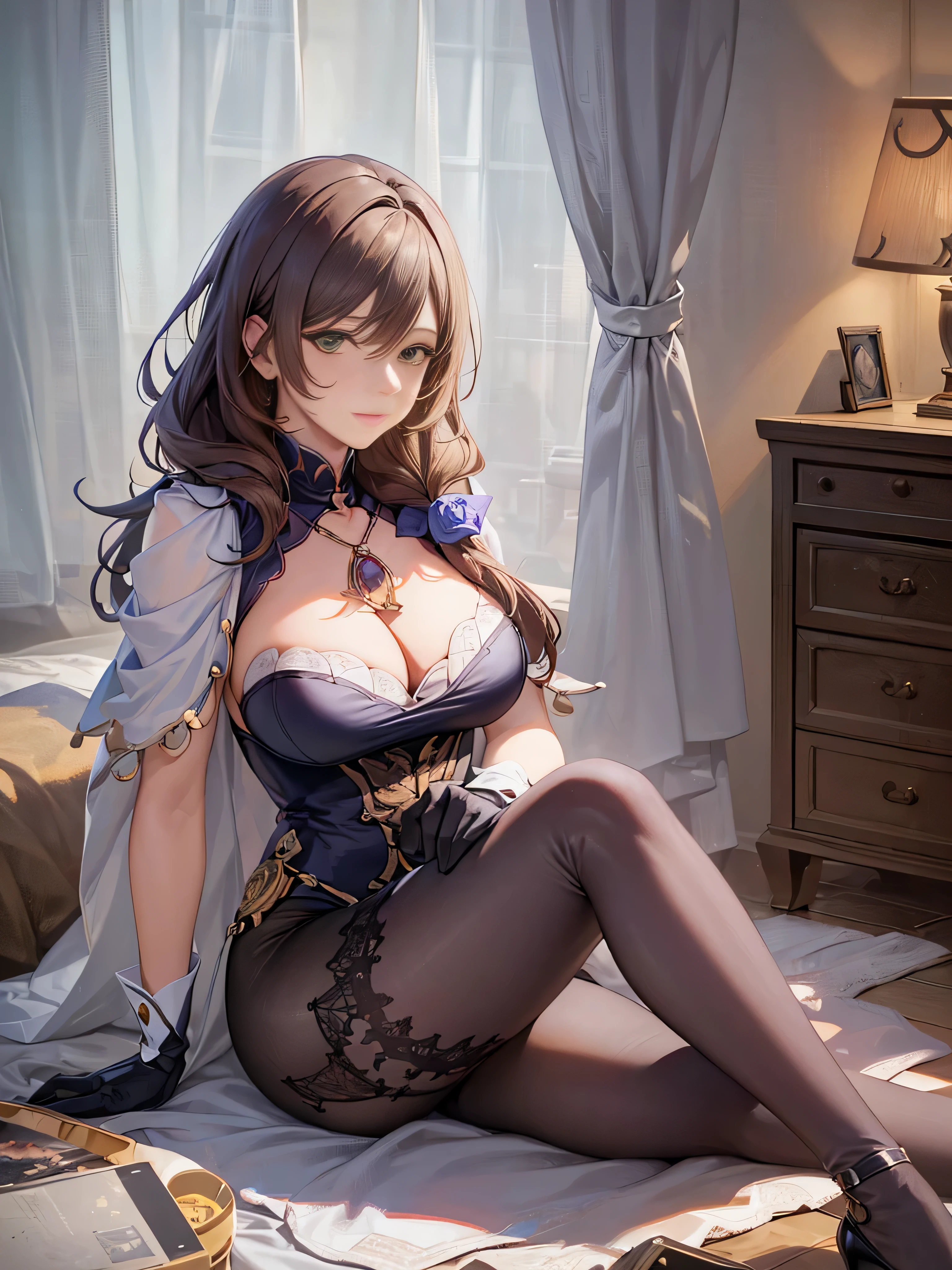 a girl with black thigh-high stockings, high heels, tight black dress, wavy hair, heavy makeup, and a mature appearance,(best quality,4k,8k,highres,masterpiece:1.2),ultra-detailed,(realistic,photorealistic,photo-realistic:1.37),illustration,sharp focus,studio lighting,intense colors,soft pastel colors,romantic ambiance,artistic color grading