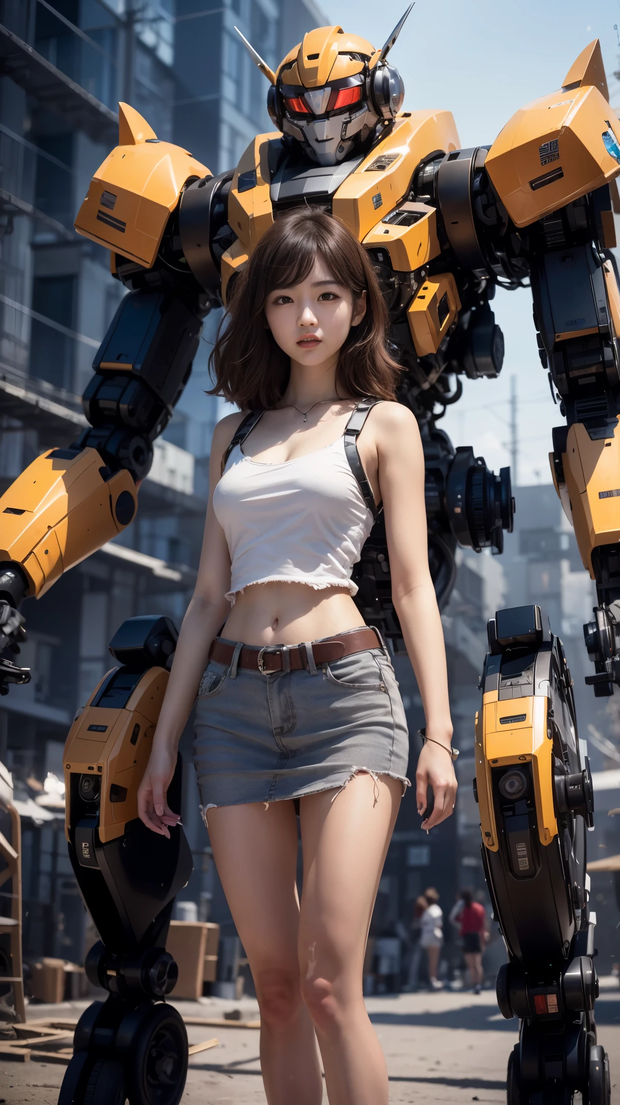 ((masterpiece, best quality)), illustration, ultra detailed 8k, photorealistic, sharp focus, highly detailed, professional lighting, colorful details, iridescent colors BREAK extreme long shot of a factory, big construction of red and silver mechanical robot, microchip, computer, bright, intricate details, 1 girl with perfect face, beautiful mini skirt is standing in front of the audience,