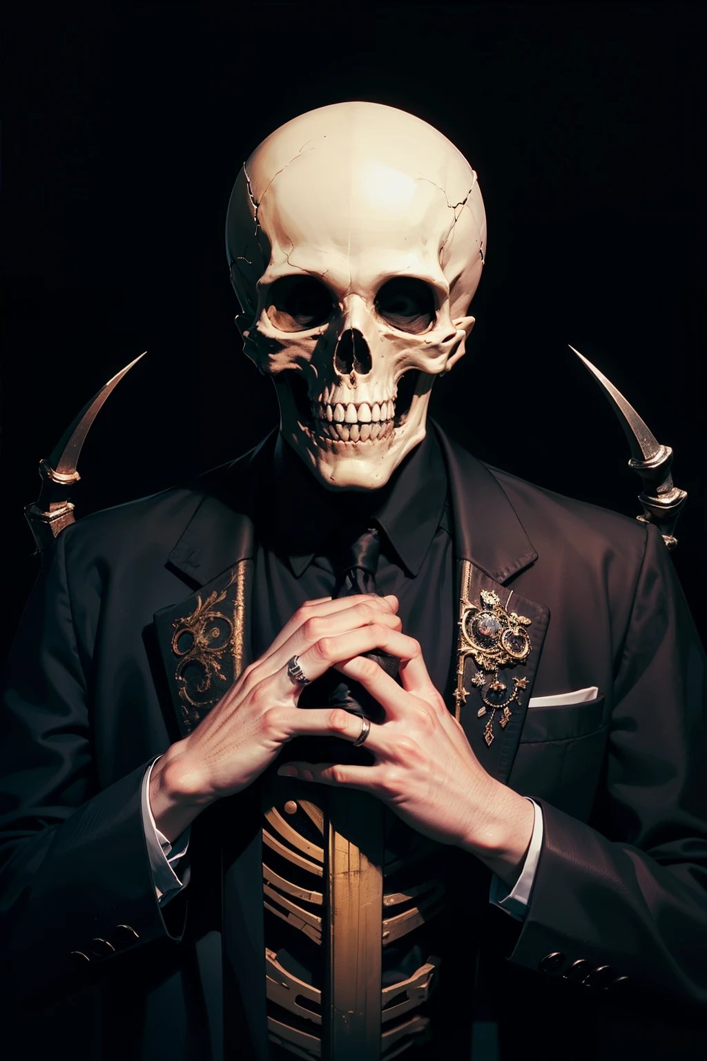 Skeleton, black suit, sinister, smirking, scary smile, no light, eerie atmosphere, bony fingers, tie pulling, black tie, macabre allure, simple black background