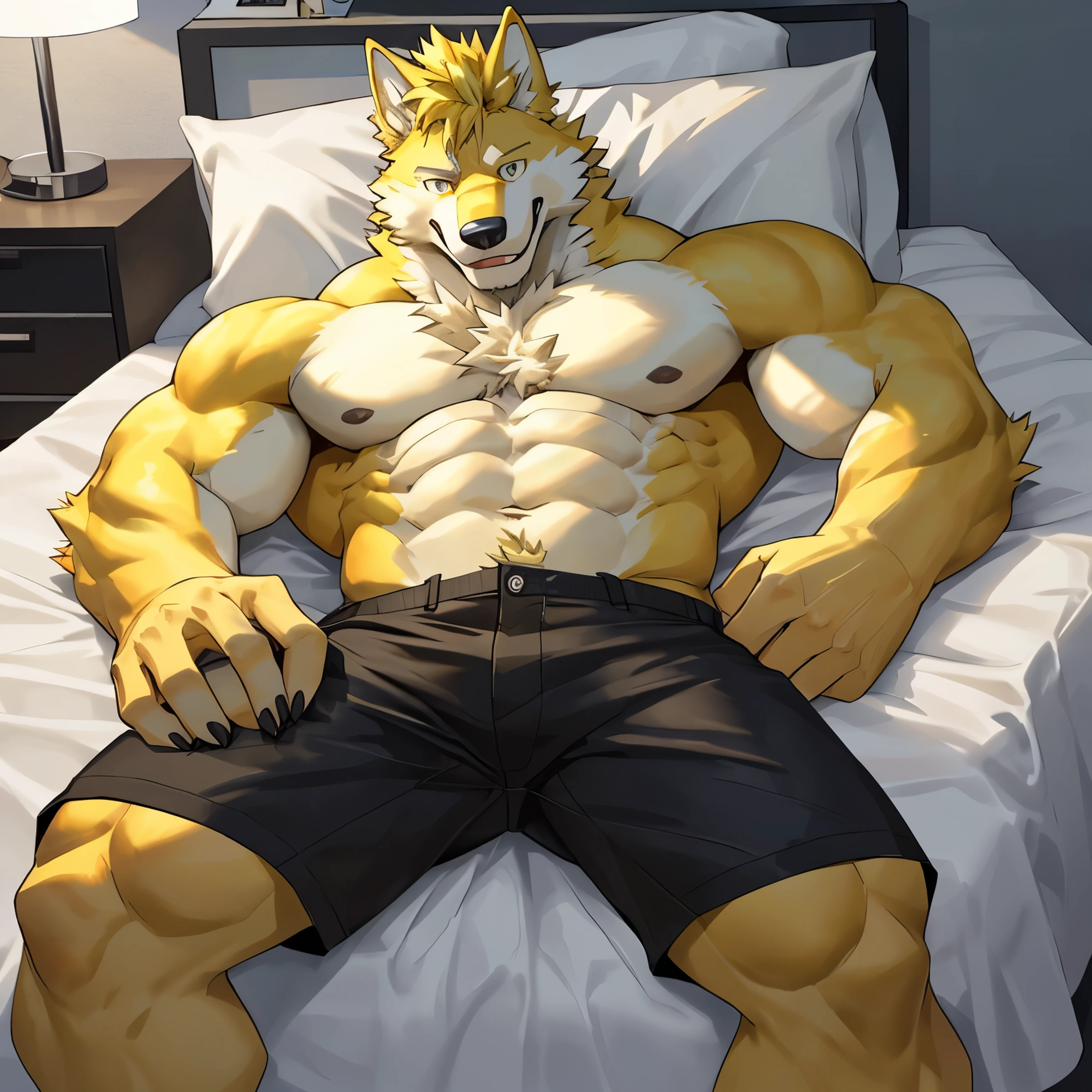 single, Wolf Head, Wolftail, muscular, sexy yellow ears, Yellow hair, hair on arm, hair on legs, Yellow fur all over,
black shorts, face recognition, smile on his face., stroking my pants, lyin in bed,topless